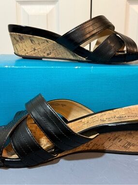 Montego Bay Club Black Leather Cork Wedge Slide Sandals 10 wide